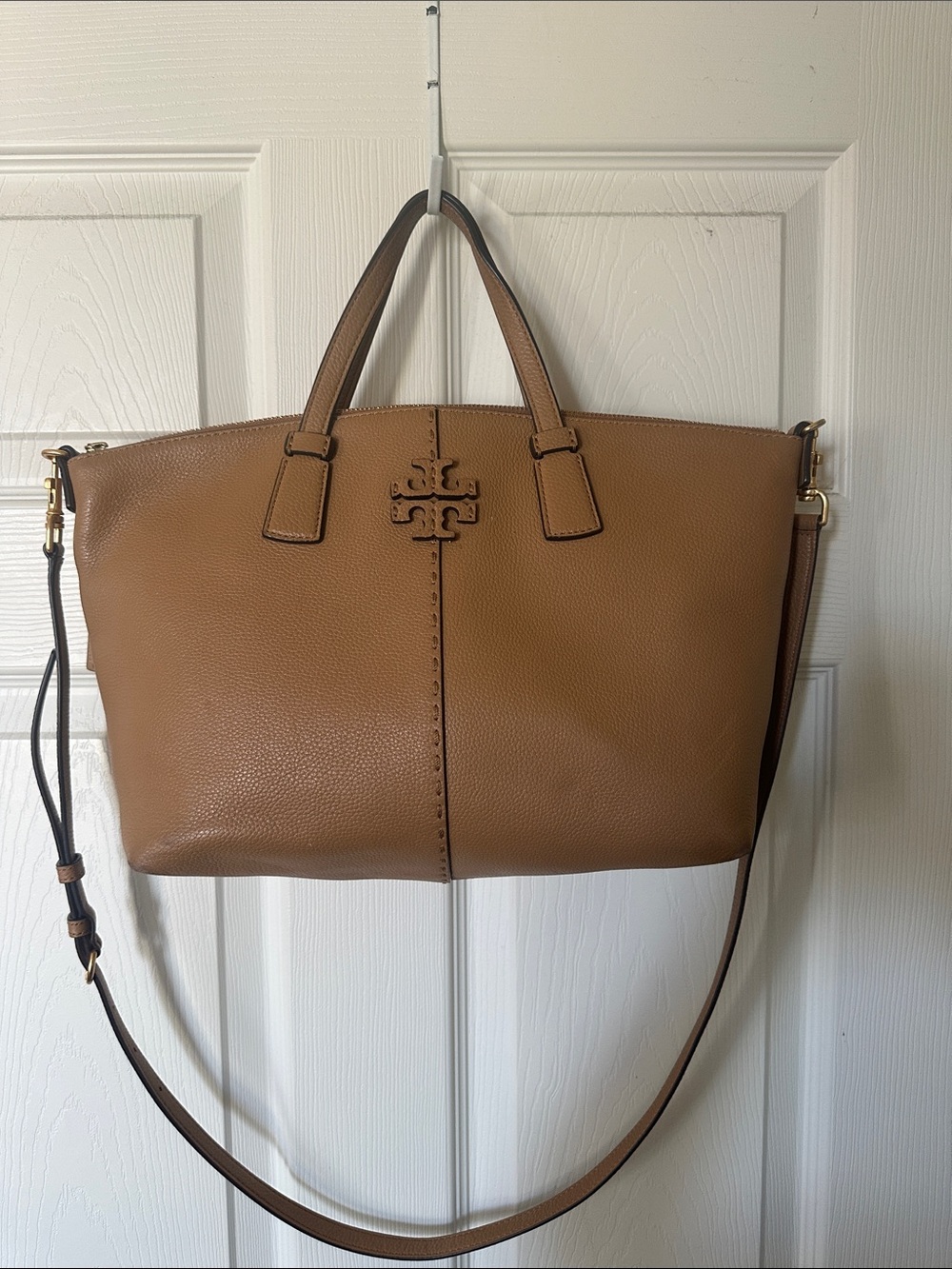 Tory Burch Camel Pebbled Leather Tote with Logo